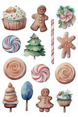 Watercolour cartoon style christmas clipart variations, simple, vector, decoration, candy, cake