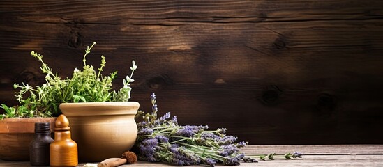 Herbal remedies on a wooden table in alternative healing