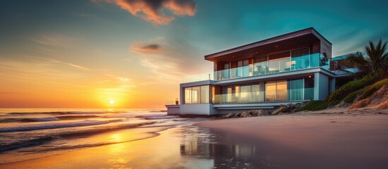 Luxury beachfront residence with sunset view - obrazy, fototapety, plakaty