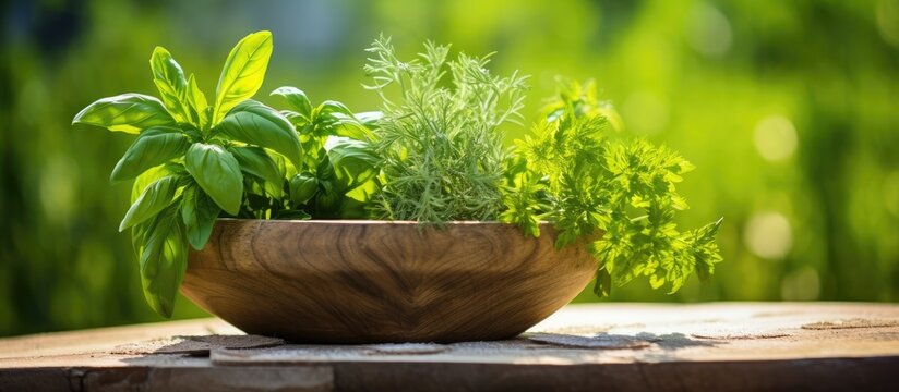 Image of fresh herbs in wooden olive mortar with sunny garden backdrop