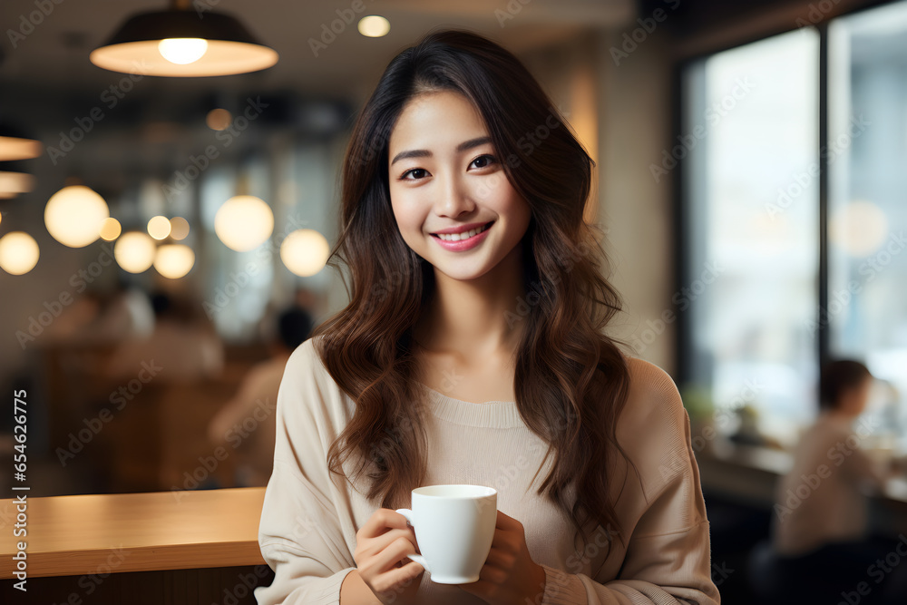 Wall mural Happy young Asian woman drinking coffee in cafe on weekend. Ai generative