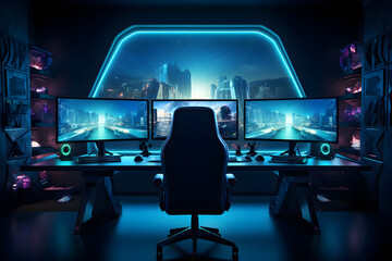 Gamer, programmer, hacker or trader room with multiple computer monitors on desk gaming setup for playing online and live streaming. Shooters, cyber sport, e-sport concept. Generative Ai - obrazy, fototapety, plakaty