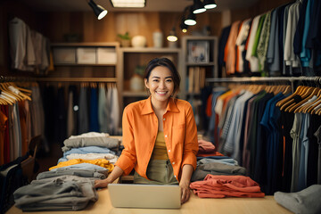 Smiling young business owner standing on her clothing store. Salesperson working on laptop on clothing boutique store. Online selling and e-commerce, SME business concept. Ai generative - obrazy, fototapety, plakaty