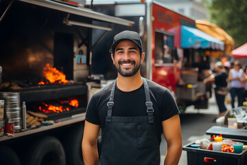 Cheerful Latin chef standing in front of a food truck and looking at the camera. Commercial truck selling street food in a modern place. Illustration, generative Ai - obrazy, fototapety, plakaty