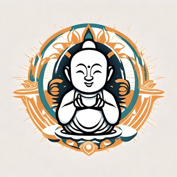 A logo for a business or sports team featuring a fictional cartoon drawing of an isolated Buddha statue  that is suitable for a t-shirt graphic.