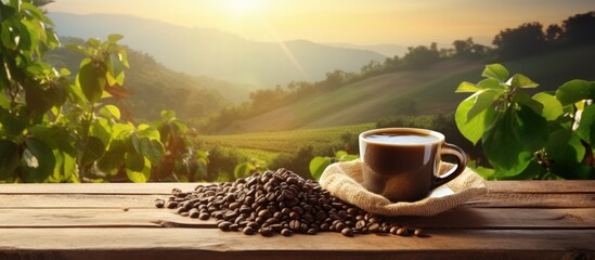 Front view of a wooden table with freshly brewed coffee a sack of beans plants coffee fields in the background and sun rays