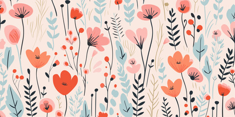 Wild flowers floral seamless pattern background. Good for fashion fabrics, children&rsquo;s clothing, T-shirts, postcards, email header, wallpaper, banner, posters, events, covers, and more.