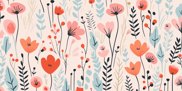 Wild flowers floral seamless pattern background. Good for fashion fabrics, children’s clothing, T-shirts, postcards, email header, wallpaper, banner, posters, events, covers, and more.
