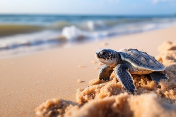 Obraz premium A Baby turtle walking on the beach sand