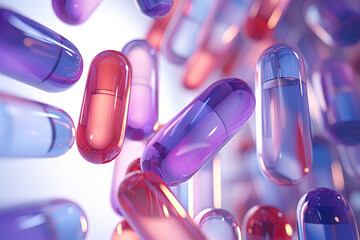 An array of red and purple pills in a beautiful background - obrazy, fototapety, plakaty