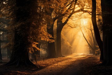 Golden trees in the autumn forest with sun rays