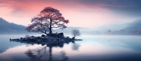calm misty dawn by a lake - obrazy, fototapety, plakaty