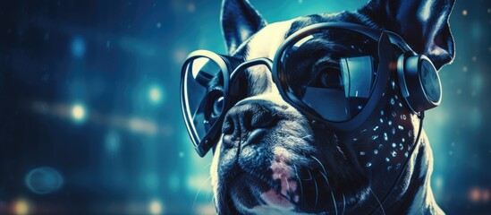 Jack Russell terrier dog wearing glasses observes HUD menu