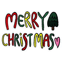 Merry Christmas handwriting and colouring in crayon for Xmas decoration, font or typography, campaign logo, winter sticker, icon, social media post, banner, sign, label, print, decoration, etc.