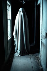 Sheeted Ghost standing in abandoned hallway