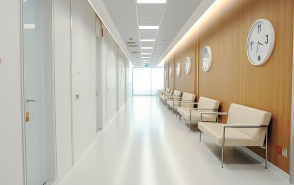 An interior of a modern clinic corridor with chairs. Generative AI