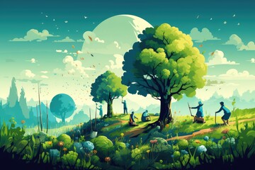 Earth Day Visuals highlighting environmental conservation, planting trees, enjoying nature,Generated with AI