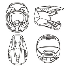 Technical sketch drawing of full face dirt helmet line art, flat sketch, front, top, side and rear view, flat sketch, isolated on white background, suitable for your full face helmet, editable color 