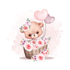 Watercolor Illustration cute teddy bear in basket with flower wreath
