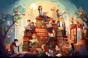 World Book Day people reading and enjoying books, libraries, bookstores, literary events.Generated with AI