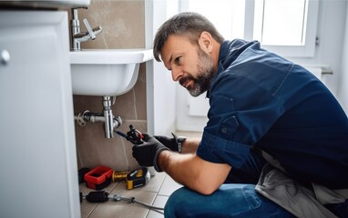 A plumber doing maintenance and installation in white bathroom. Generative AI