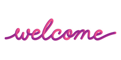 Violet Welcome typography, with 3D color gradations like balloons. And handwriting style.	