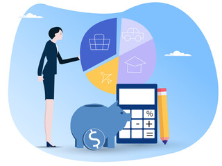 Woman forms the family budget, divides the items of expenditure. Concept of budget, finance control, date, finance, personal budget, family money. Vector illustration in flat design.