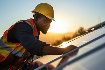 Fototapeta na wymiar Technician works with solar panels in a field against a sunset background. The concept of environment, renewable sources, power generation, alternative energy and ecology.