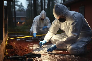 criminologist and a detective working together at a crime scene,Generated with AI - obrazy, fototapety, plakaty