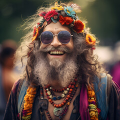 portrait of a hippie man with sunglasses, a hippie man