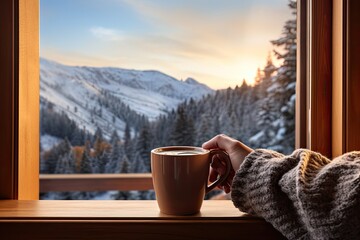 Hands holding a mug of hot coffee in front of a window with a mountain view  - obrazy, fototapety, plakaty