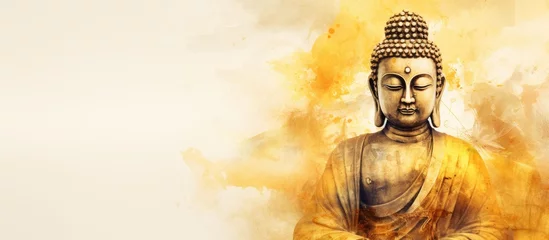 Fototapeten Buddha statue in golden hue on watercolor backdrop © TheWaterMeloonProjec
