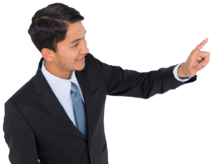 Digital png photo of happy biracial businessman pointing on transparent background