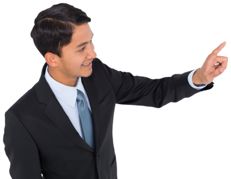 Digital png photo of happy biracial businessman pointing on transparent background