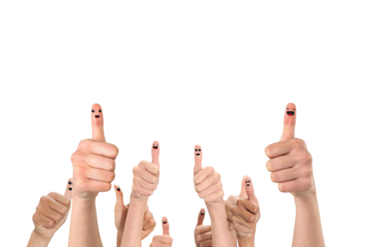 Digital png illustration of hands with thumbs up and smiling faces on transparent background