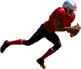 Digital png photo of biracial male american football player running on transparent background