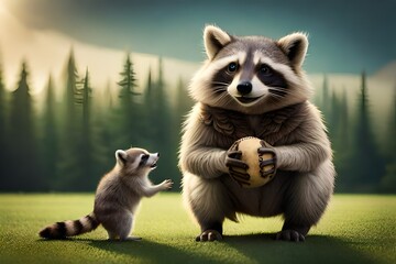 A father and son raccoon playing baseball while celebrating fathers Day, life-like