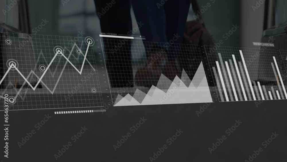 Poster animation of graphs, loading bars and map over diverse businesspeople getting up using escalator