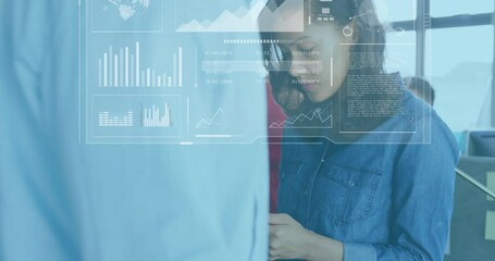 Animation of graphs, globes, loading bars and circles, asian woman scrolling on digital tablet