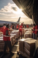 Aid workers unloading medical supplies from a cargo plane in a remote area. Generative AI - obrazy, fototapety, plakaty