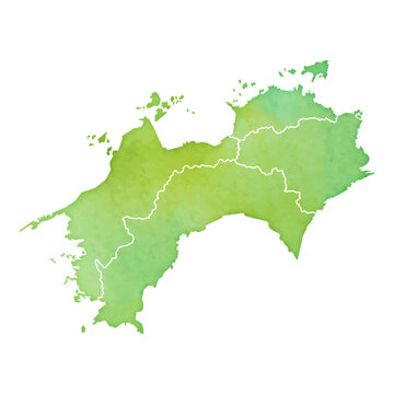 水彩風の地図　四国地方のイラスト（県境あり）