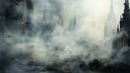 Illustration of a mystical landscape of castles and spires shrouded in dense fog and mist.