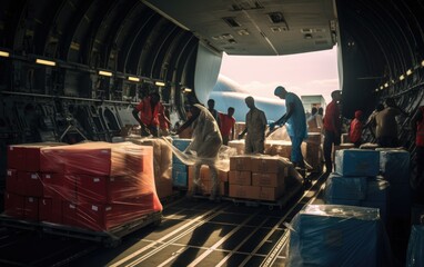 Aid workers unloading medical supplies from a cargo plane in a remote area. Generative AI