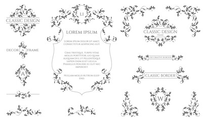 Floral monograms and borders, frames. Classic ornament. Graphic design pages.
