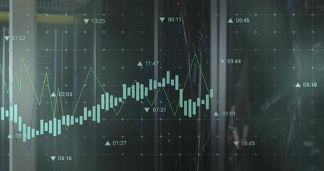 Animation of multiple graphs with changing numbers over data server room - Powered by Adobe