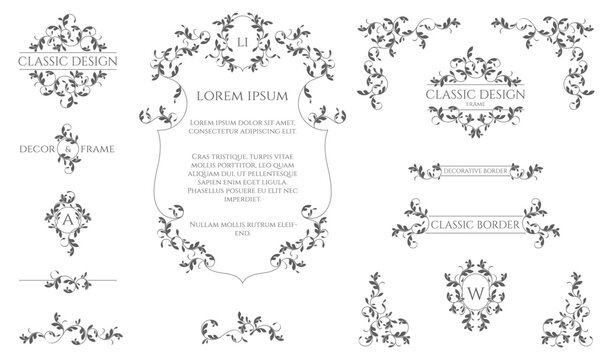 Floral monograms and borders, frames. Classic ornament. Graphic design pages.

