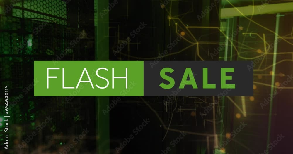 Poster animation of flash sale text and navigation pattern over data server systems in server room