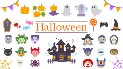 ハロウィンのイラストセット。フラットなベクターイラスト。
Halloween illustration set. Flat designed vector illustrations.
