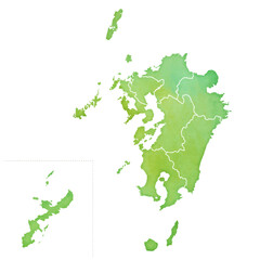 水彩風の地図　九州地方のイラスト（県境あり）