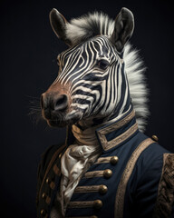 Humanised animals concept. funny character personage. humanized zebra in suit and tie on dark background. historical portraits